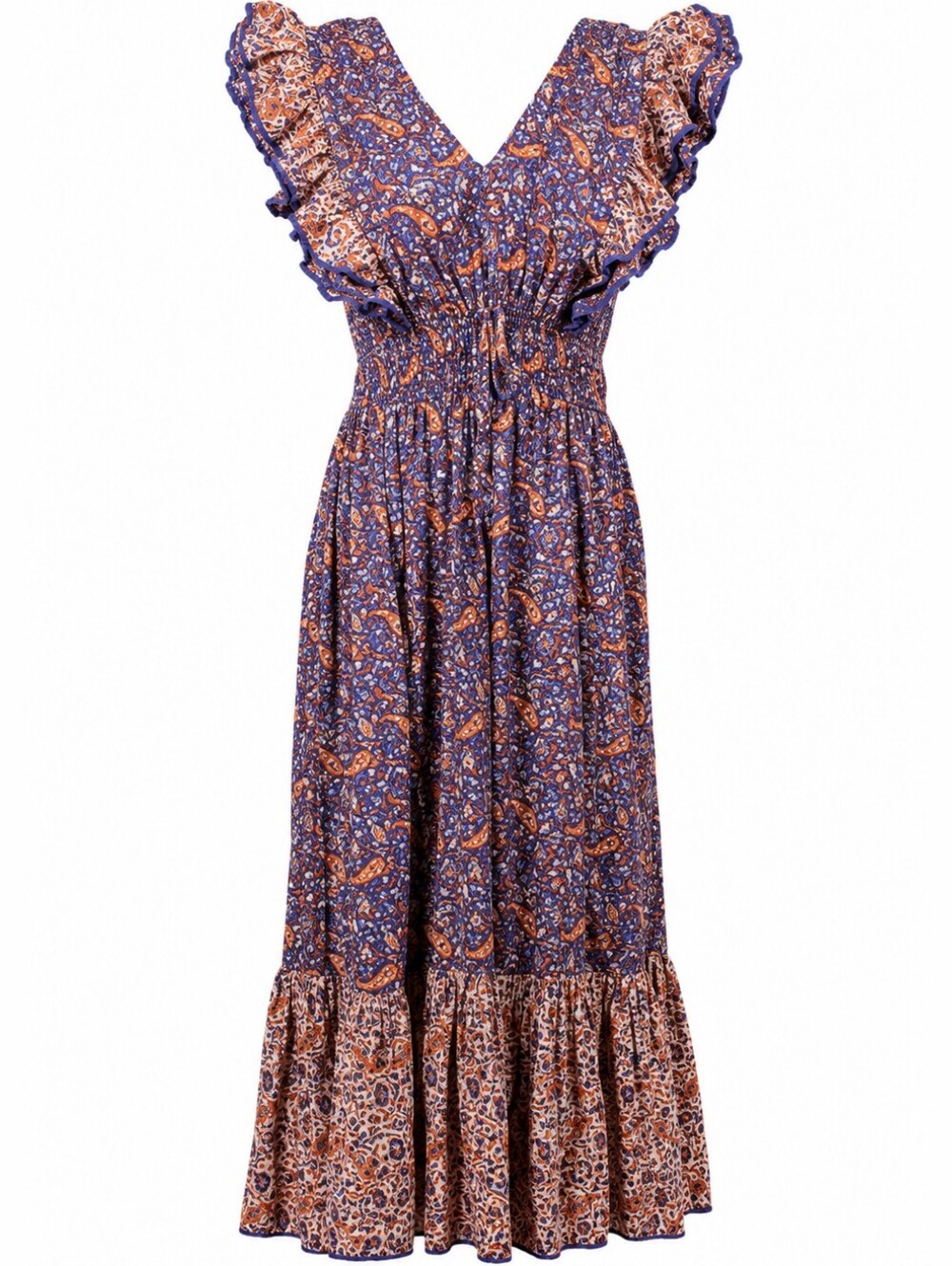 NWOT French Connection Paisley Boho Midi Dress Ruffle Cutout Back Smocked 8